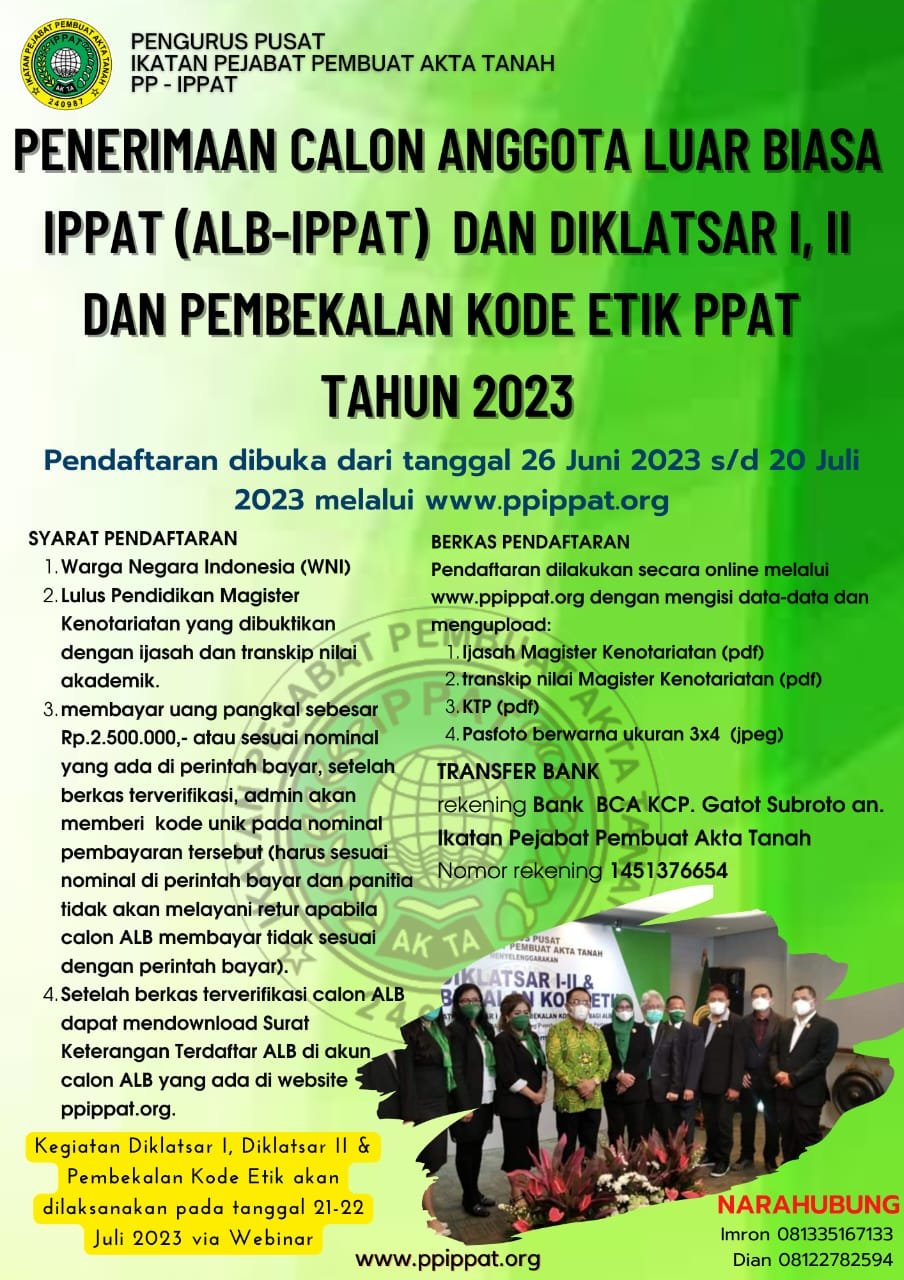 PP IPPAT Mengundang ALB IPPAT Ikuti Diklatsar dan Pembekalan Kode Etik PPAT